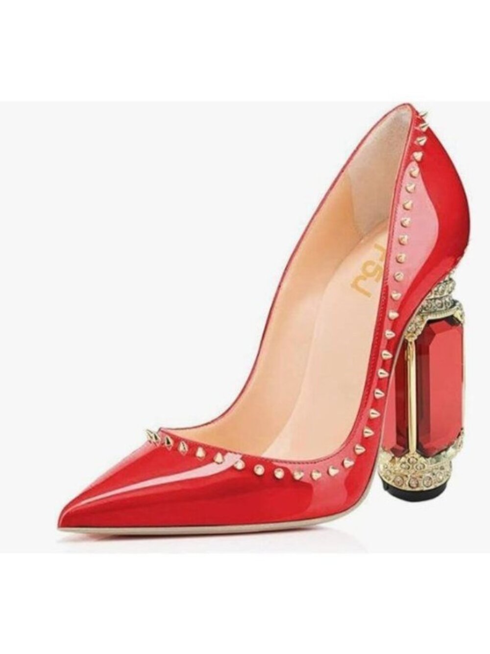 FSJ Red Bridal Pointed Toe Chunky High Heel Crystal Pump Wedding Dress Shoes